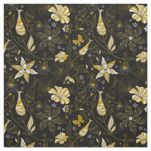 Tela Lindo patrón floral vintage negro dorado