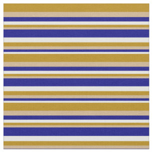 Tela Líneas blancas, azules, tan y oscuras de oro