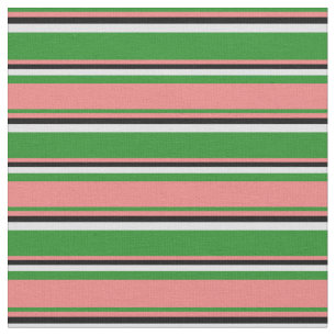 Tela Líneas verdes, corales claros, negras y de lavanda