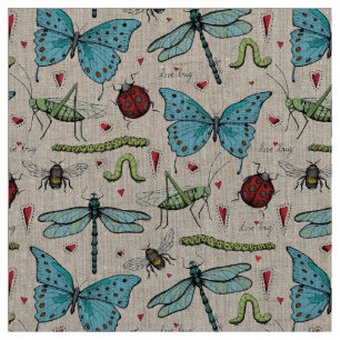 Tela Linen Natural Love Bug Patrón de Ilustracion de in