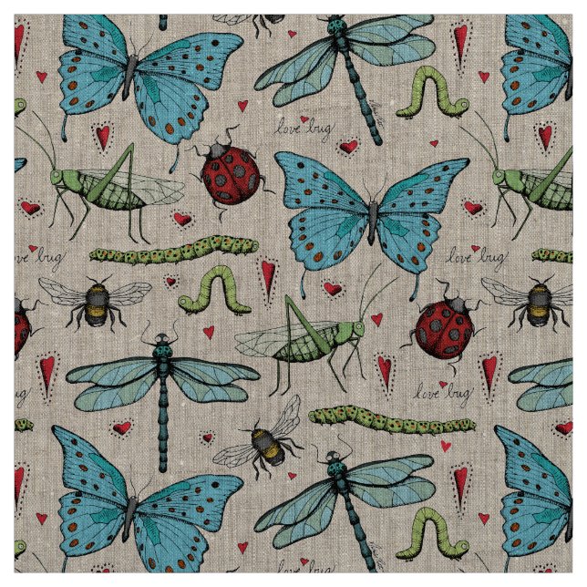 Tela Linen Natural Love Bug Patrón de Ilustracion de in (Retal)