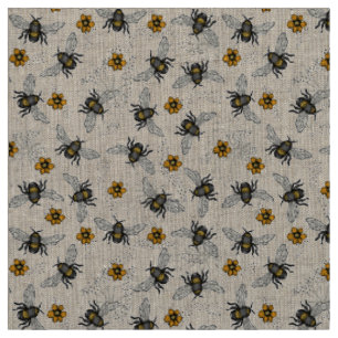 Tela Lino Natural Rústico Ilustrado Floral Abeja Miel