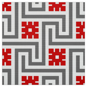 Tela Llave de Deco, rojo, blanco griegos y gris/gris