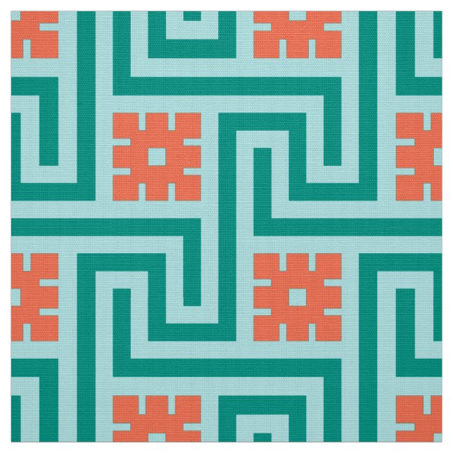Tela Llave griega, turquesa, acuática y coral (Retal)