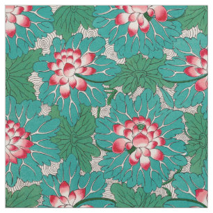 Tela Lotos Chinos Rojos Rosados Verdes Teal Patrón