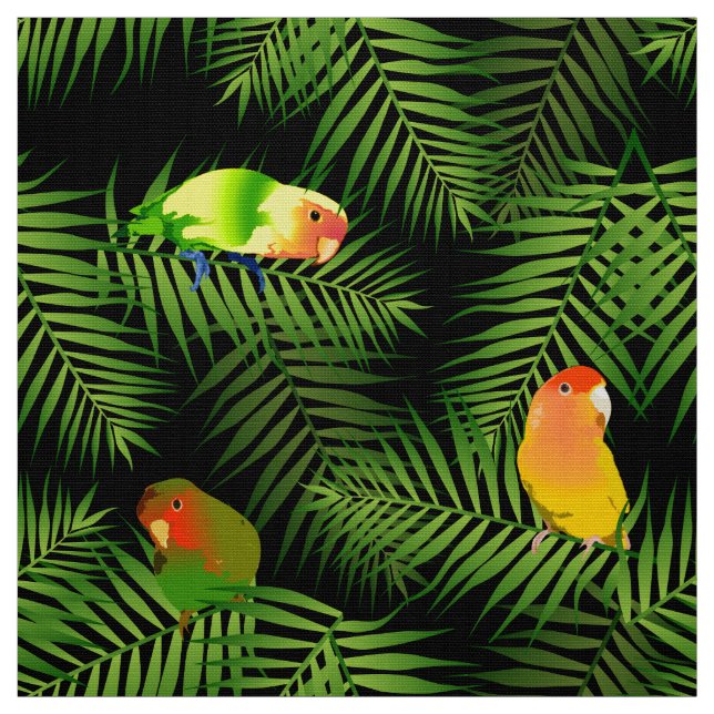 Tela Lovebird Parrot Green Palm Leaf Bird Pattern Black (Retal)