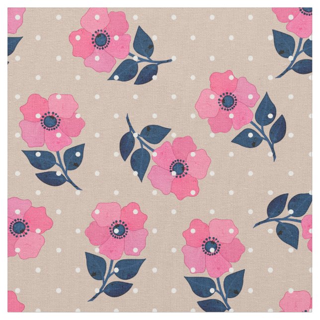 Tela Magnífico patrón de puntos de Polka con flores ros (De cerca)