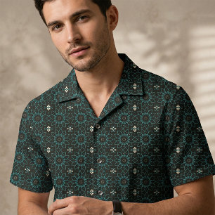 Tela Mándala floral boho geométrico negro y teal