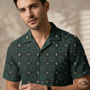 Tela Mándala floral boho geométrico negro y teal