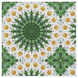 Tela Mandalas de margarita blanca con simetría verde fr