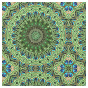 Tela Mandalas de Plumas de Pavo Real Simetría Esmeralda