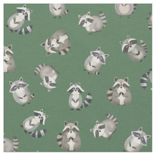 Tela Mapaches de Acuarela Lanzados sobre Verde