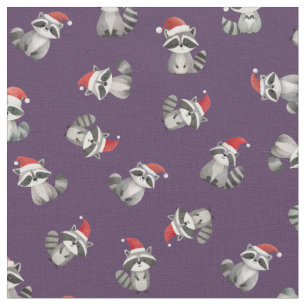 Tela Mapaches de Navidad Lanzados sobre Púrpura Oscuro