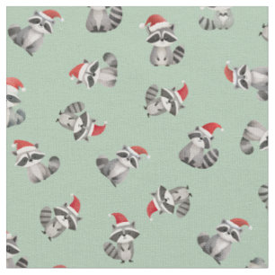 Tela Mapaches de Navidad Tirados sobre Verde Claro