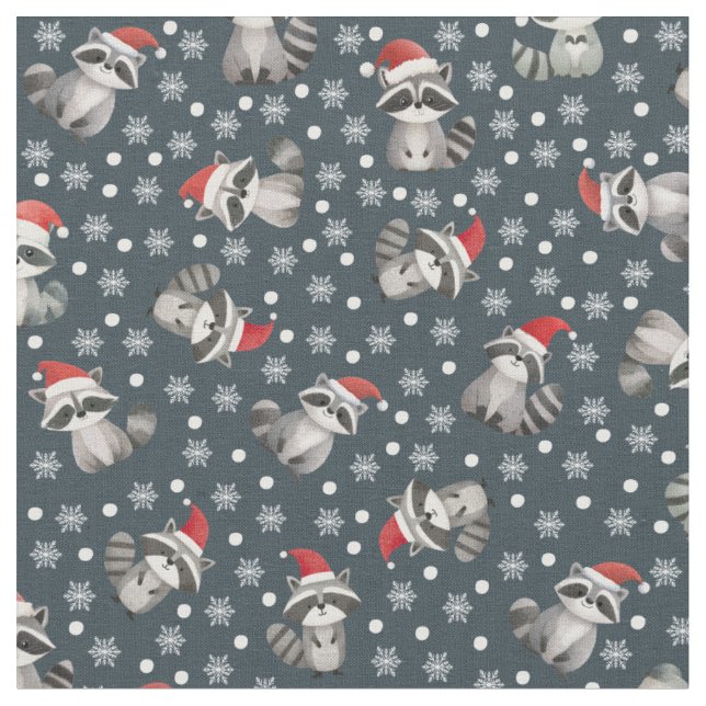 Tela Mapaches de Navidad y copos de nieve en gris azula (De cerca)