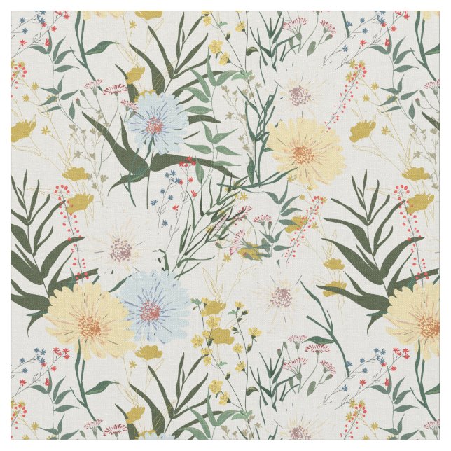 Tela Marfil botánico y azul blanco (De cerca)