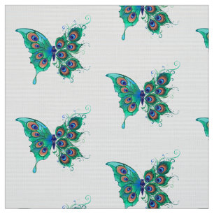 Tela Mariposa con plumas de pavo real verde