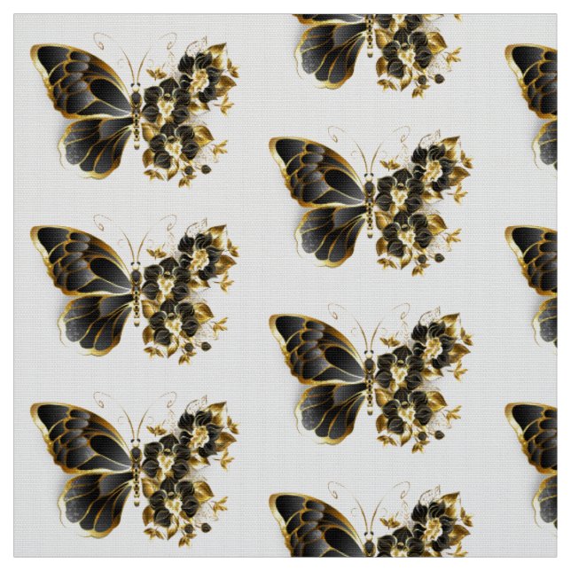 Tela Mariposa de flor de oro con orquídea negra (Retal)