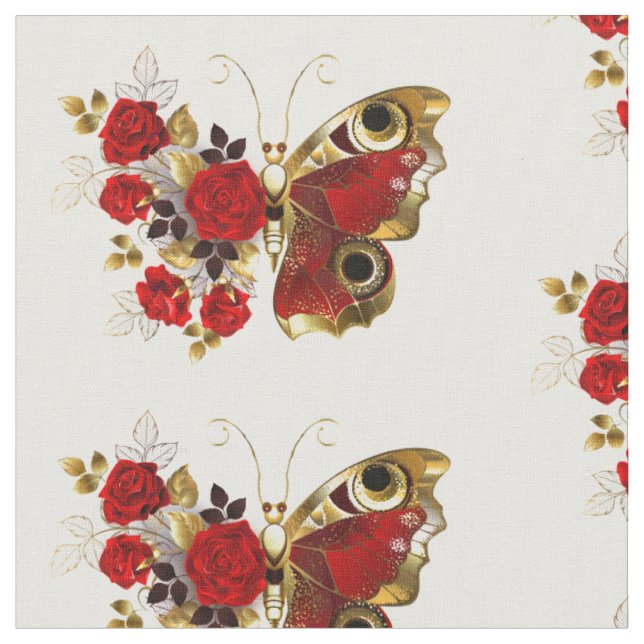 Tela Mariposa de flor roja con rosas rojas (De cerca)