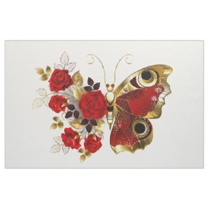 Tela Mariposa de flor roja con rosas rojas