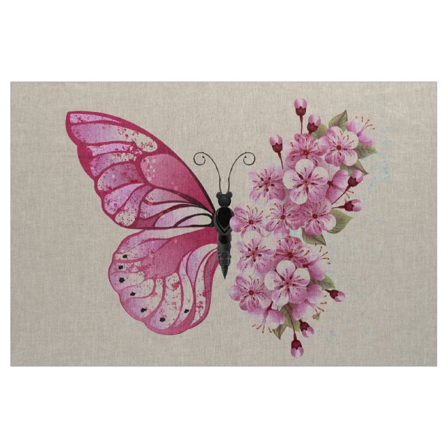Tela Mariposa de flores con Sakura rosa (Yarda)