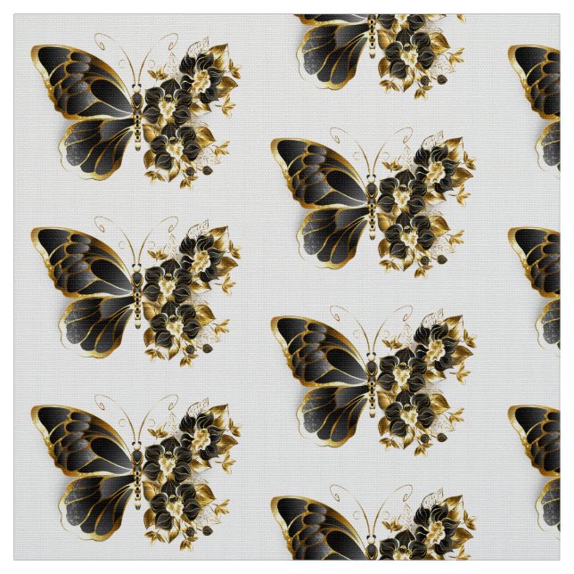 Tela Mariposa de flores de oro con orquídea negra (Retal)