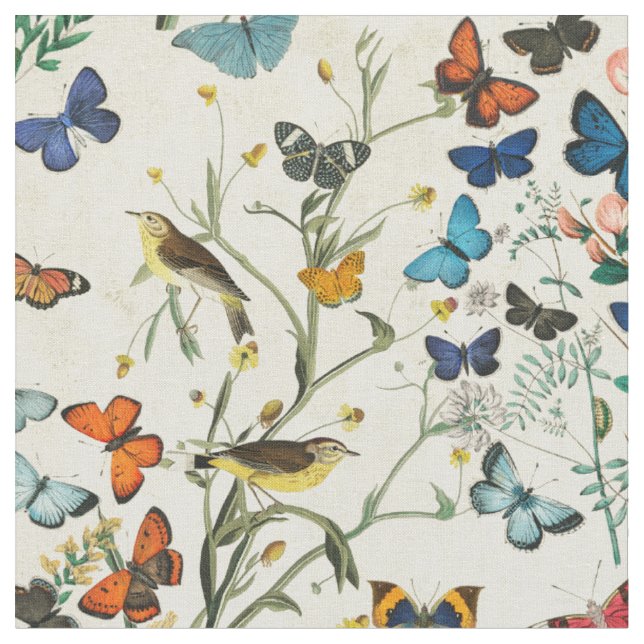 Tela Mariposas Botánicas Vintage Marfil (De cerca)