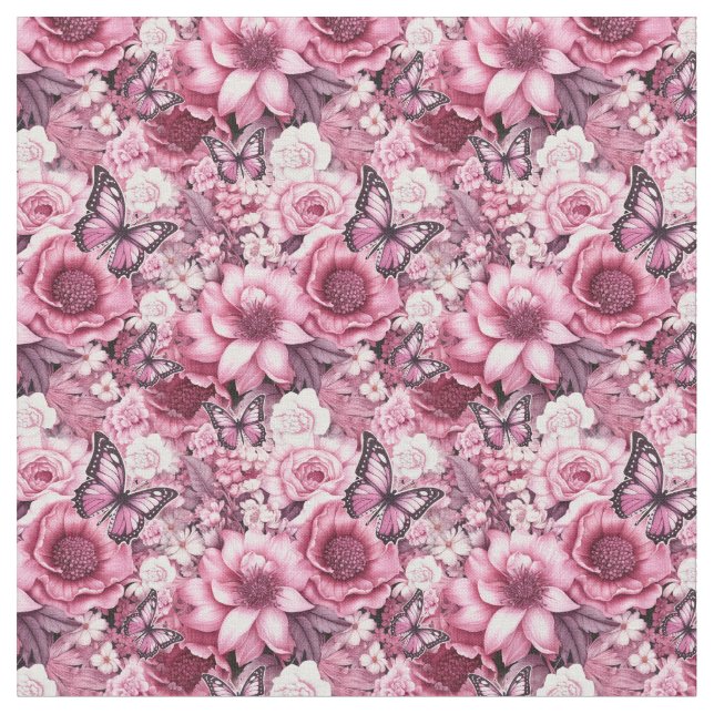 Tela Mariposas y flores en diferentes tonalidades de ro (De cerca)