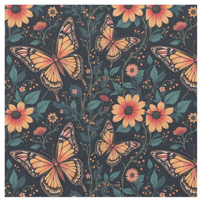 Tela Mariposas y flores naranjas (De cerca)