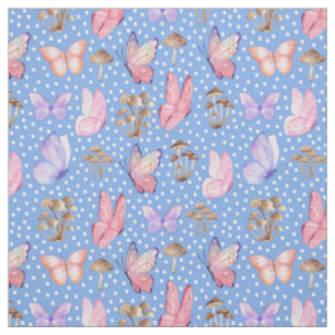 Tela Mariposas y hongos en azul