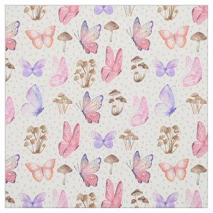 Tela Mariposas y hongos en blanco