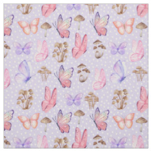 Tela Mariposas y hongos en morado claro