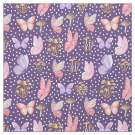 Tela Mariposas y hongos en morado oscuro