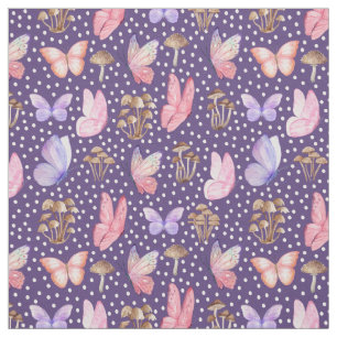 Tela Mariposas y hongos en morado oscuro