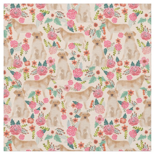 Tela Melocotón amarillo Labrador de diseño floral (De cerca)