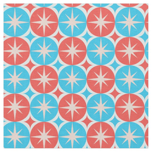 Tela Mid Century Atomic Starbursts on Blue Red Circles (De cerca)