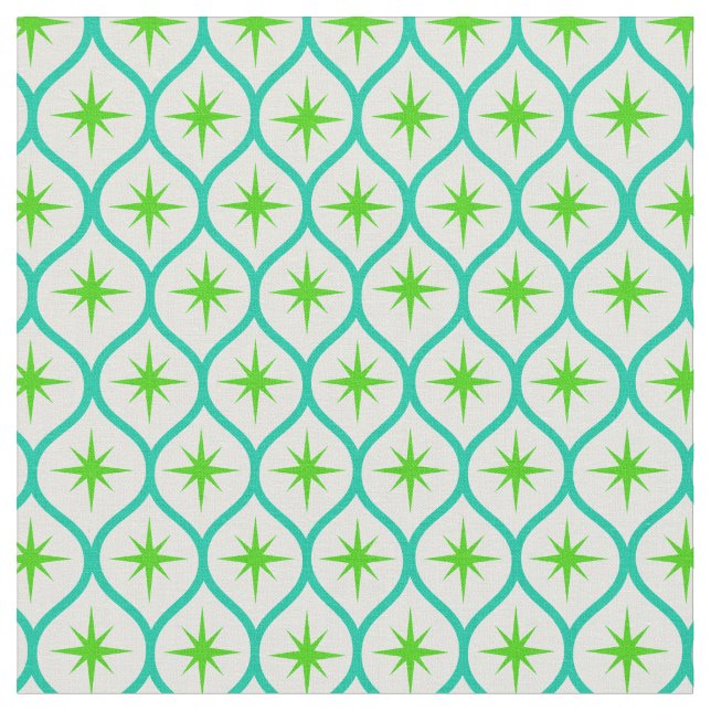 Tela Mid Century Green Starbursts on teal Ovals Pattern (De cerca)