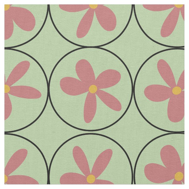 Tela Mint Retro Floral Tile Combed Cotton Fabric (De cerca)