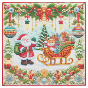 Tela Mira de bordado navideño colorido con Santa
