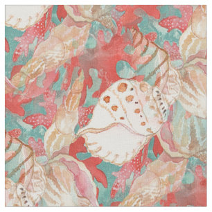 Tela Moda Aqua Turquoise Coral Red SeashelPattern