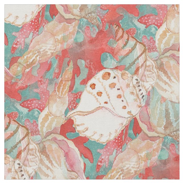 Tela Moda Aqua Turquoise Coral Red SeashelPattern (De cerca)
