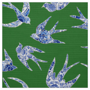 Tela Moda Chinoiserie Pájaros tragos Azul Floral Verde