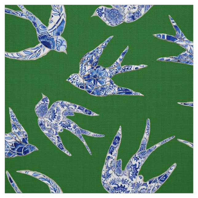 Tela Moda Chinoiserie Pájaros tragos Azul Floral Verde (Retal)