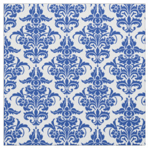 Tela Modelo del damasco - azul marino en blanco