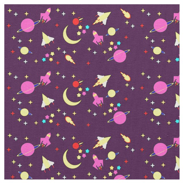Tela Morple Mauve Space Rocket Comet Planet Stars Moon (De cerca)