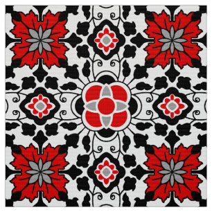 Tela Mosaico floral marroquí, rojo profundo, negro y bl