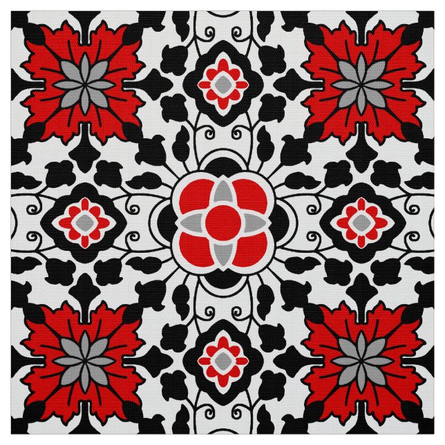 Tela Mosaico floral marroquí, rojo profundo, negro y bl (Retal)