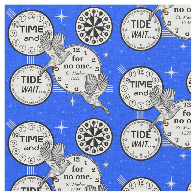 Tela Moscas de tiempo - Aves y Relojes - Azul brillante (De cerca)