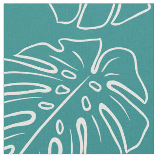 Tela Motif De Hoja Tropical Blanca Sobre Verde Azul Ver