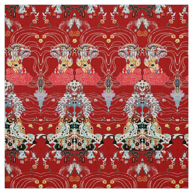 Tela Mujer,FLORES CENTRALES Patrón de Klimt blanco rojo (Retal)